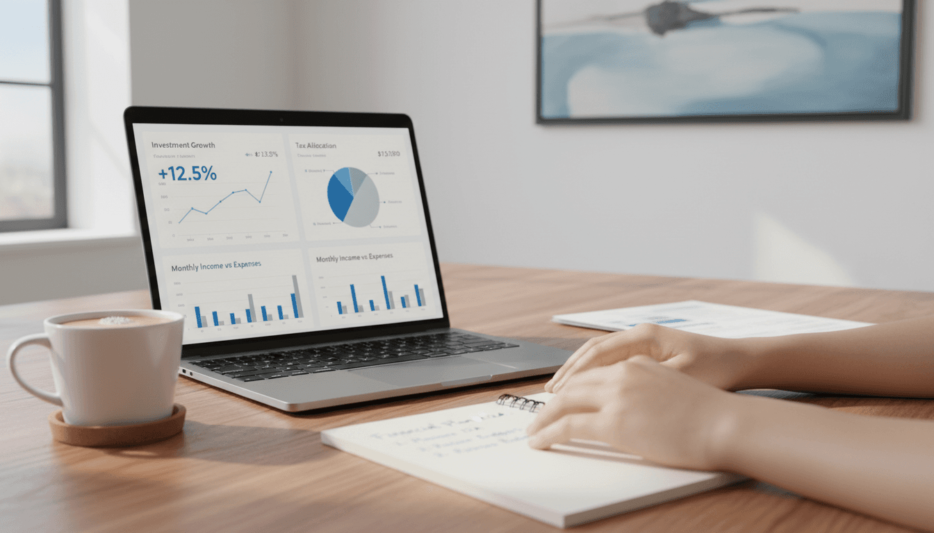Person überprüft Steuerdaten auf einem Laptop mit Finanzdiagrammen und Berechnungen