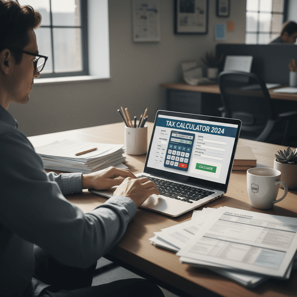 Arbeitsplatz mit Steuerergebnis und Dokumenten