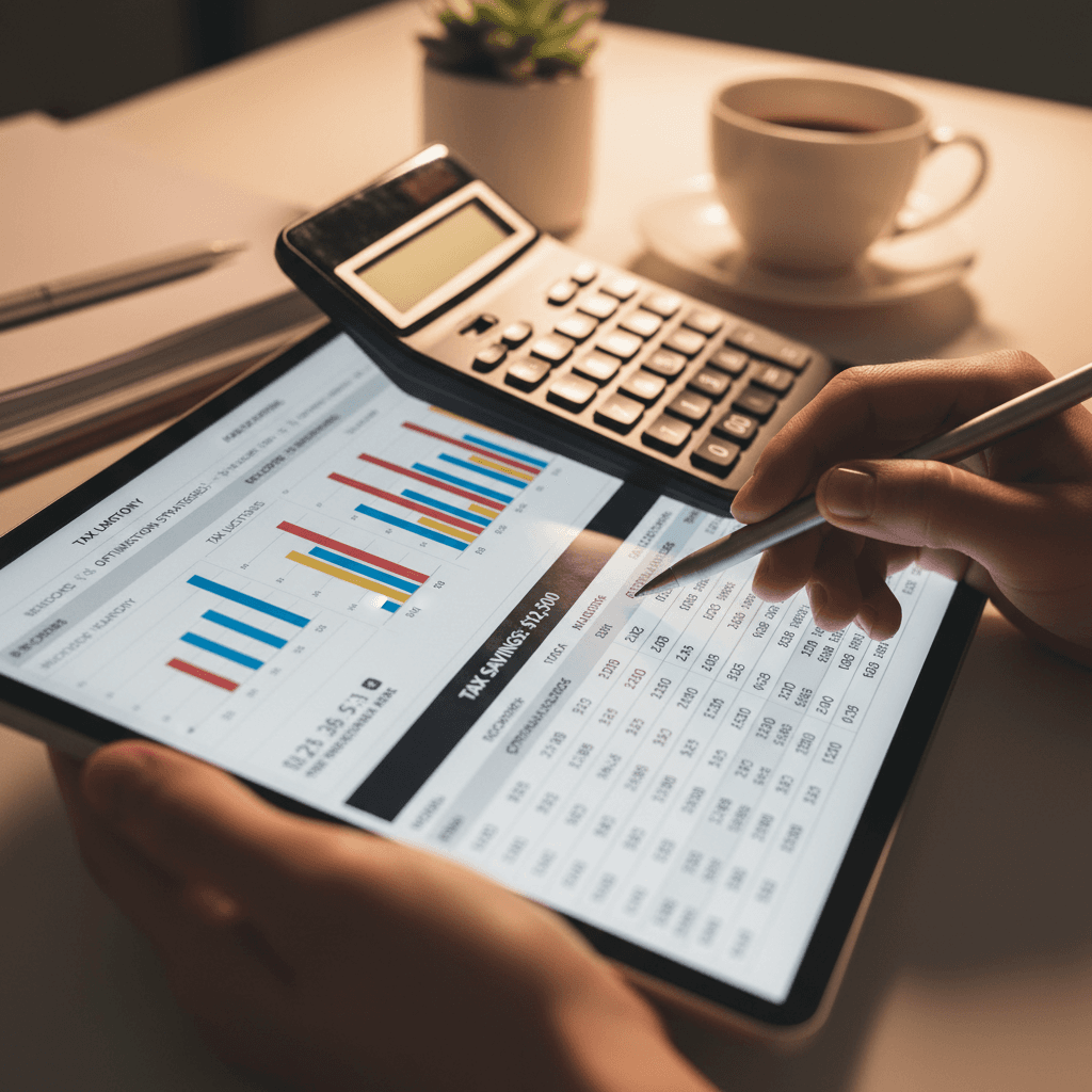 Tax professional's hands calculating on tablet with spreadsheet displaying financial data and charts