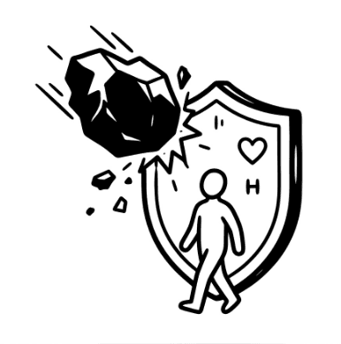 Ein Schutzschild mit Herz und H schützt eine Person vor einem herabstürzenden schwarzen Felsbrocken.