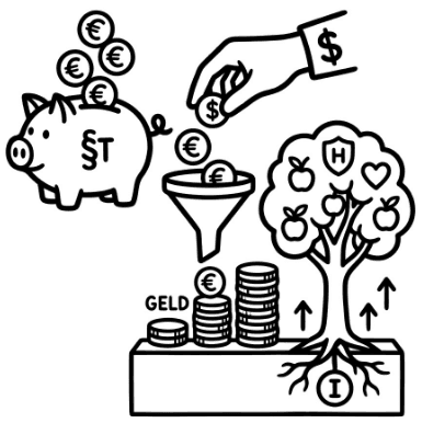 Sparschwein, Münzen in einem Trichter und ein wachsender Baum symbolisieren Investitionen und finanzielles Wachstum.