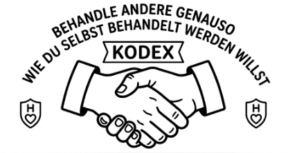 Schwarz-weiße Händedruck-Illustration mit dem Text „Behandle andere genauso wie du selbst behandelt werden willst“.