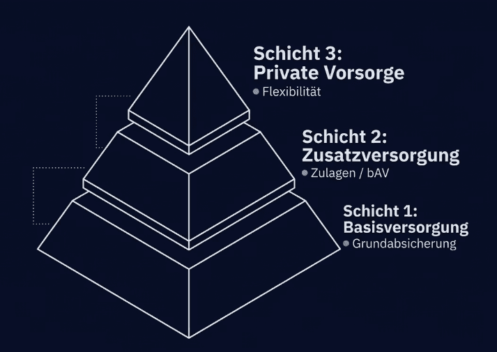 Dreistufige Pyramide der Altersvorsorge mit Basisversorgung, Zusatzversorgung und privater Vorsorge auf dunkelblauem Hintergrund.