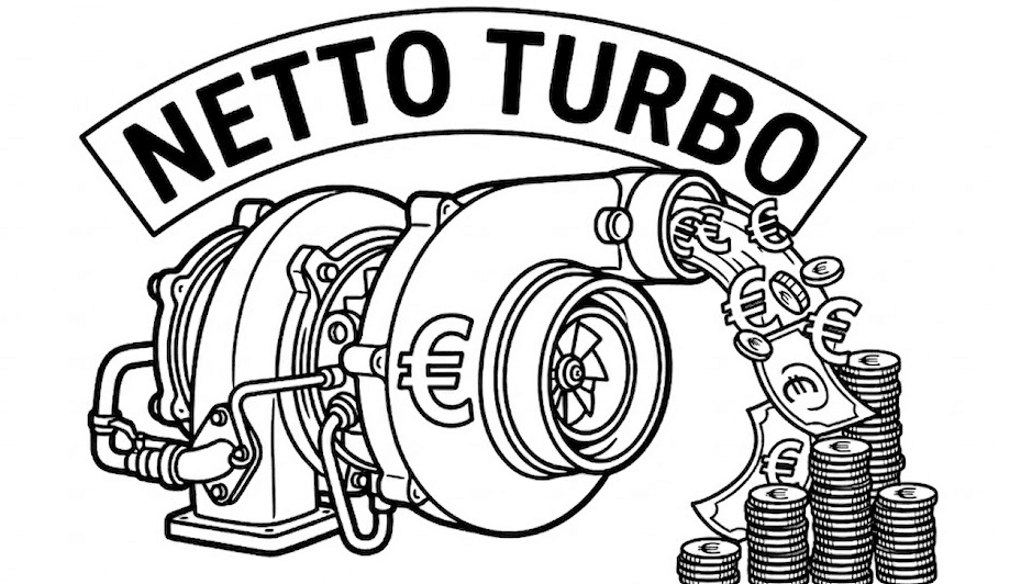 Schwarz-weiß Zeichnung eines Turboladers, aus dem Euro-Geld strömt, mit dem bogenförmigen Schriftzug Netto Turbo.