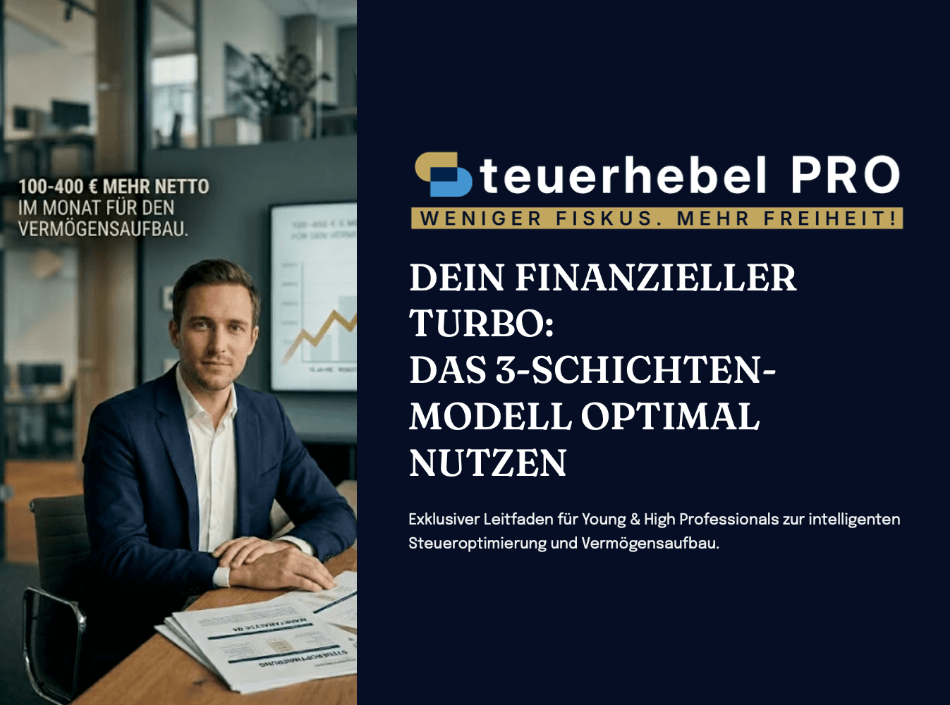 Ein Mann im Anzug am Schreibtisch wirbt für Steueroptimierung und Vermögensaufbau mit dem 3-Schichten-Modell.