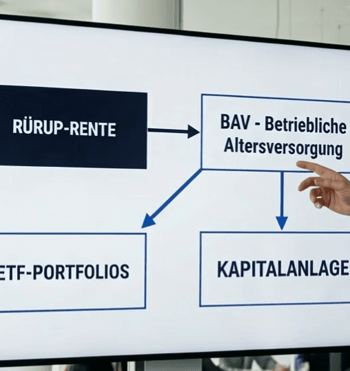 Diagramm zeigt Rürup-Rente, BAV, ETF-Portfolios und Kapitalanlage, während eine Hand auf die BAV deutet.
