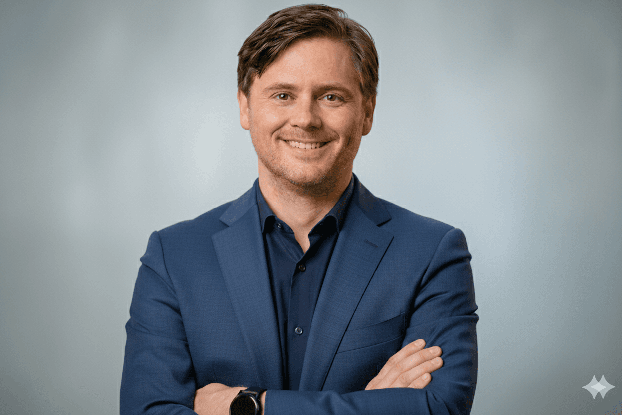 Porträt eines lächelnden Mannes im blauen Sakko mit verschränkten Armen vor hellem Hintergrund.