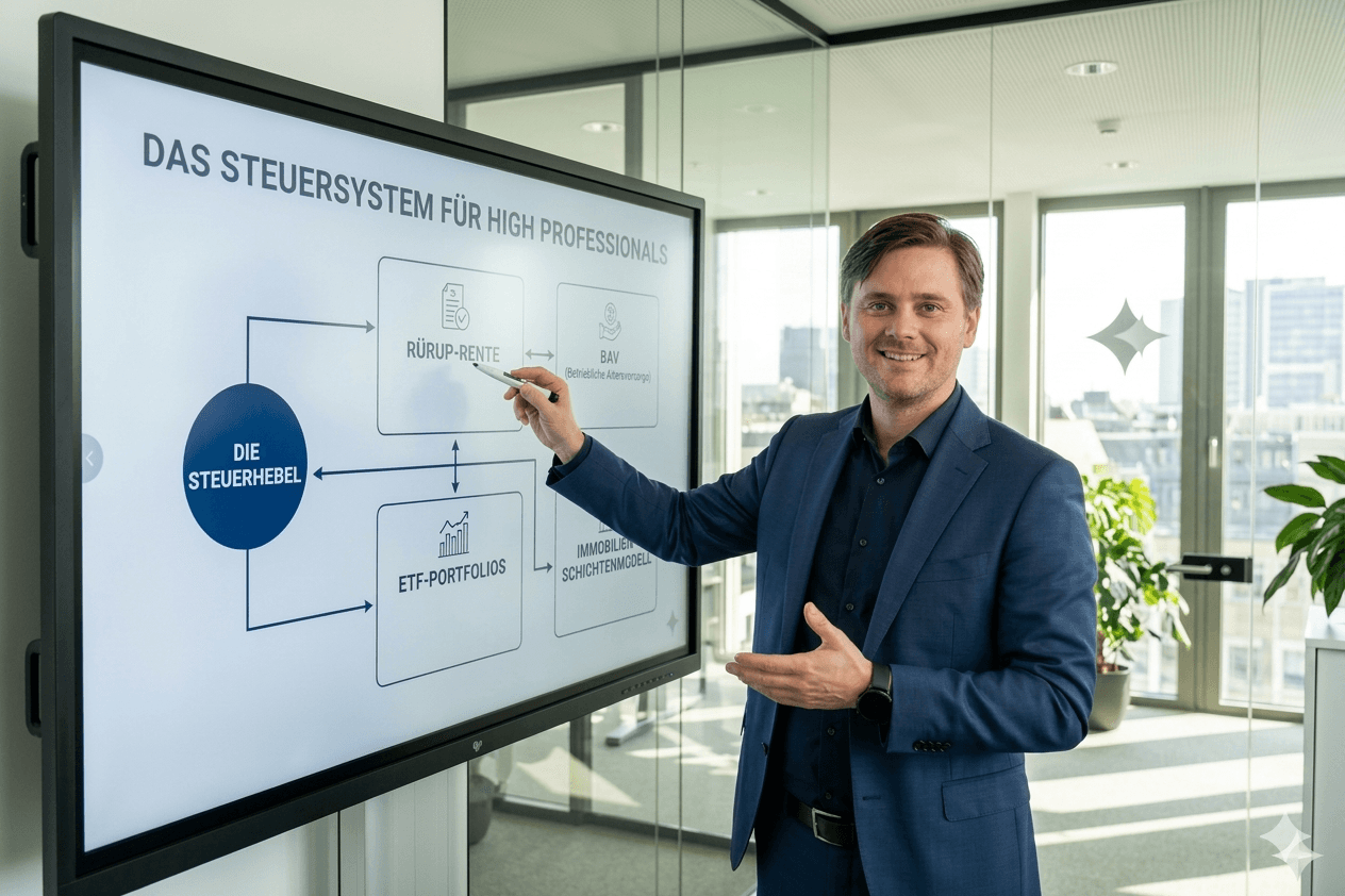 Lächelnder Mann im Anzug präsentiert ein Diagramm zum Steuersystem auf einem großen digitalen Bildschirm.