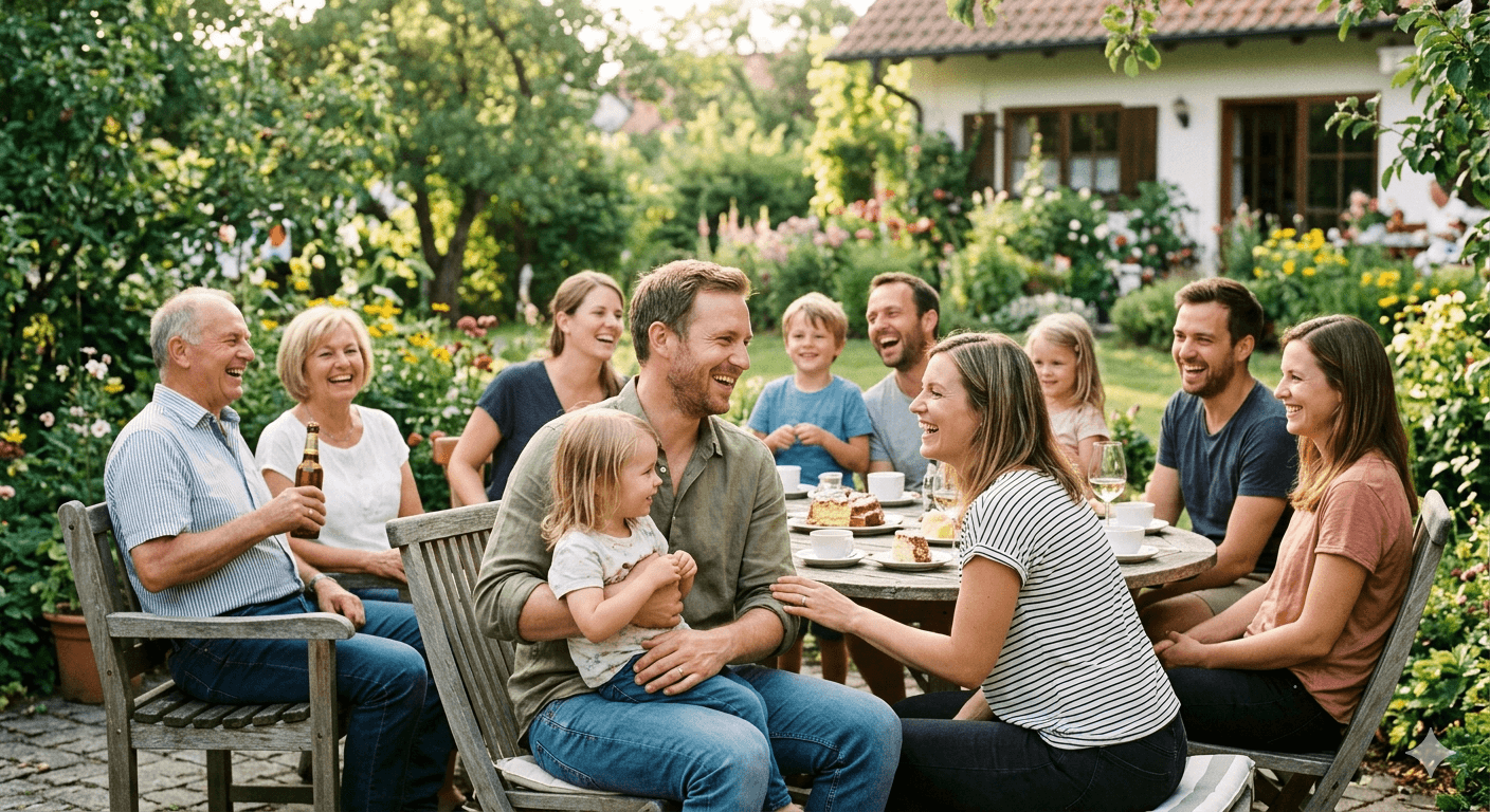 Eine fröhliche Großfamilie sitzt lachend bei Kaffee und Kuchen an einem Holztisch im sonnigen Garten.