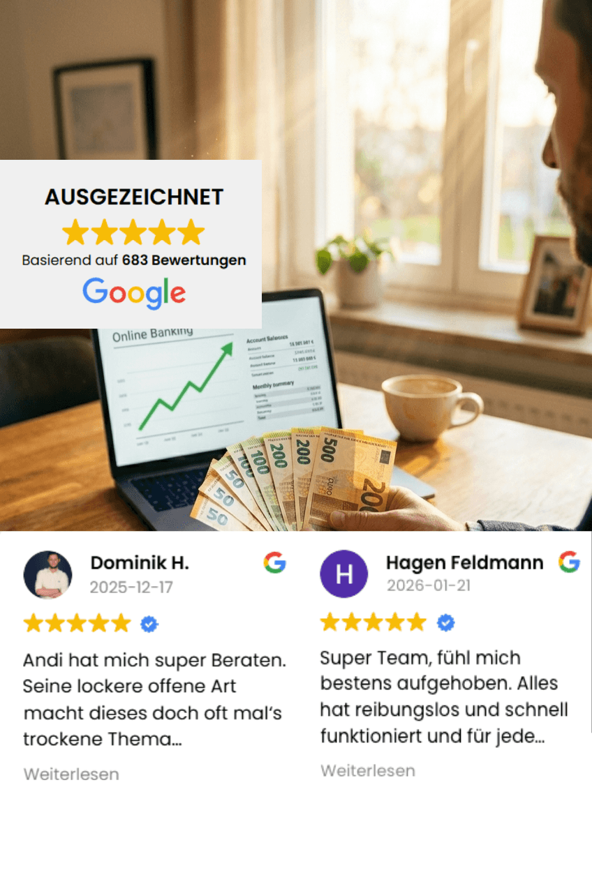 Mann hält Euro-Banknoten vor Laptop mit steigender Finanzgrafik und eingeblendeten positiven Google-Kundenbewertungen.